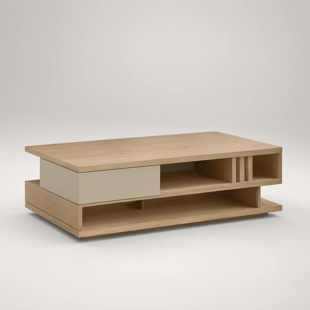 Oak and Beige Engineered Wood Storage Coffee Table, 47.24 x 23.62 x 15.75 in