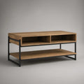 Brown and Black Rectangular Coffee Table with Open Cubbies and Lower Shelf, 43.3 x 23.6 x 17.7 in