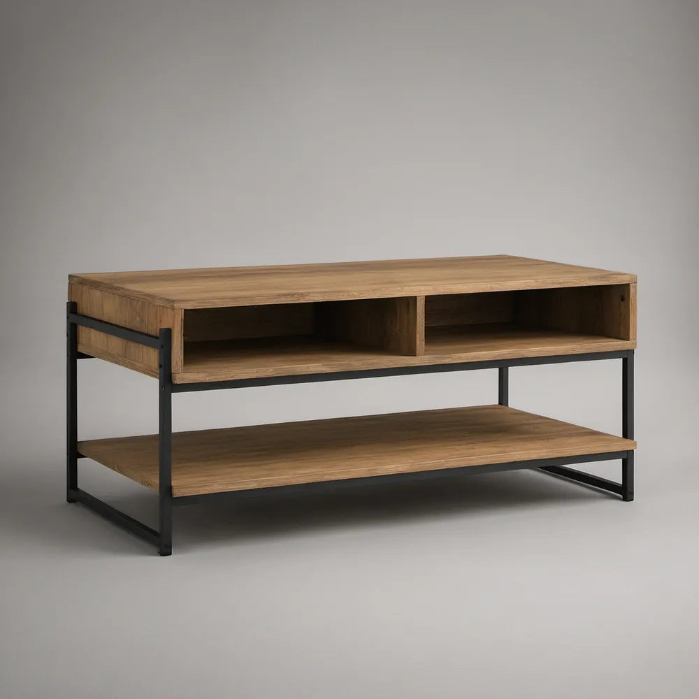 Brown and Black Rectangular Coffee Table with Open Cubbies and Lower Shelf, 43.3 x 23.6 x 17.7 in