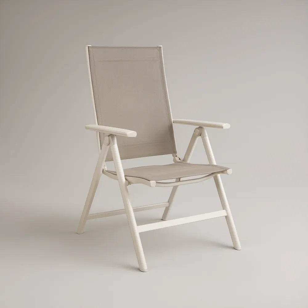 Beige and White Folding Outdoor Armchair with Aluminum Frame and Mesh Sling, 22.4 x 25.6 x 39.4 in