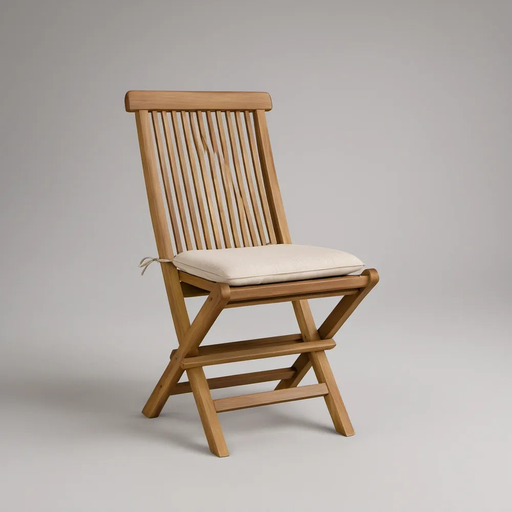 Natural Brown Solid Teak Wood Folding Garden Chair with Cream Cushion, 46 x 61 x 89 cm