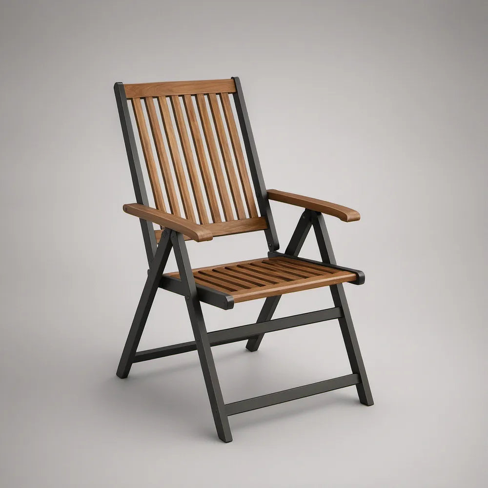 Folding Garden Chair, Solid Acacia Wood and Powder-Coated Steel, Brown/Black, 59 x 68 x 108 cm