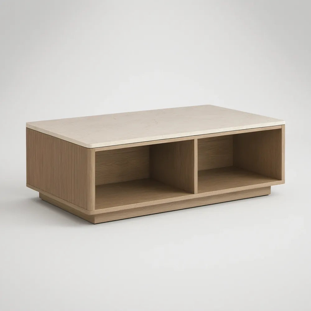 Light Oak and Beige Rectangular Coffee Table with Open Storage, 47.2 x 23.6 x 17.7 in