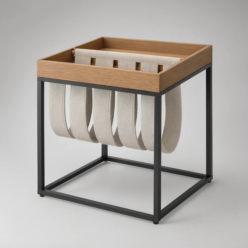 Oak Brown and Black Side Table with Beige Magazine Sling Storage, 19.7 x 15.7 x 23.6 in