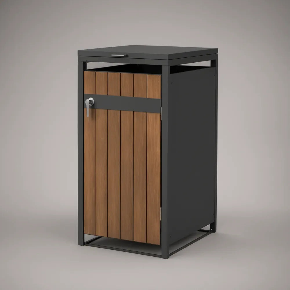 Outdoor Single-Bin Trash Can Shed, 31.5 x 31.5 x 47.2 in, Galvanized Steel and WPC, Black/Brown