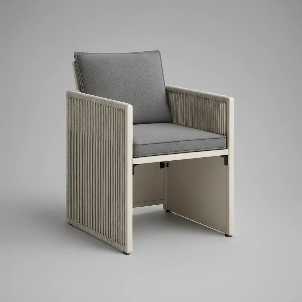 Outdoor Rope Armchair with Gray Cushions, Ivory Aluminum Frame, 28 x 30 x 32 in
