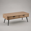 47.2 x 23.6 x 17.7 in Rounded Rectangular Coffee Table with 2 Drawers, Ash Veneer, Light Brown/Black