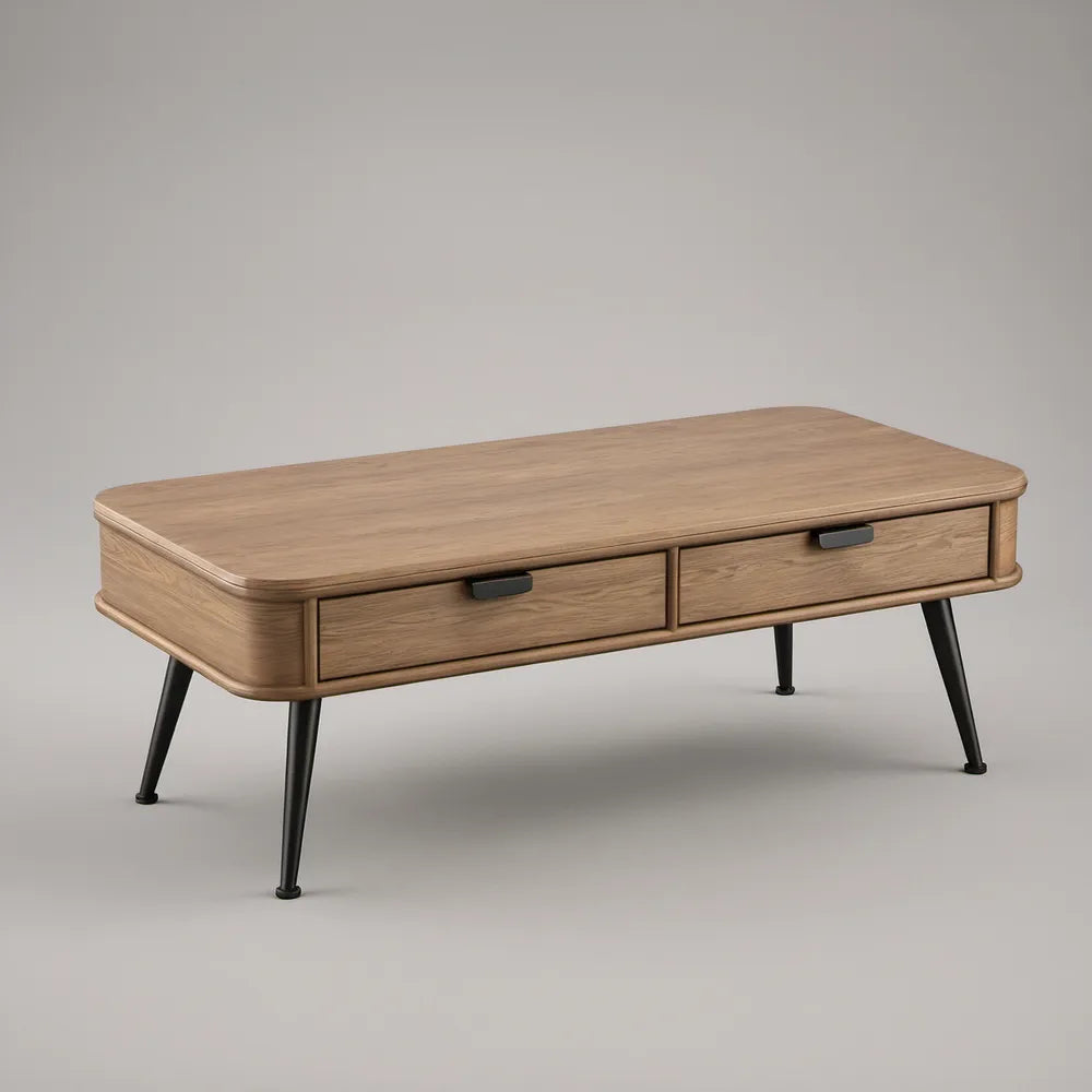 47.2 x 23.6 x 17.7 in Rounded Rectangular Coffee Table with 2 Drawers, Ash Veneer, Light Brown/Black