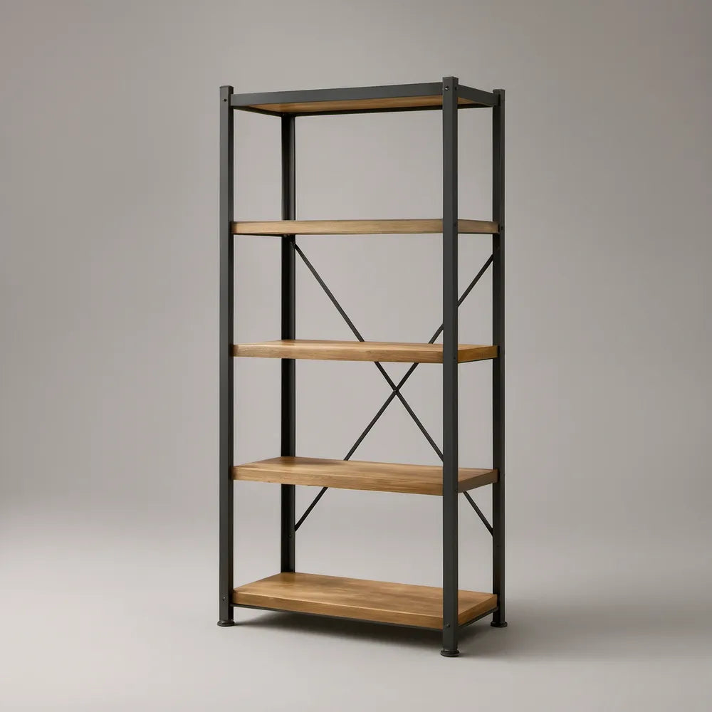 5-Tier Industrial Bookcase with X-Back Steel Frame, Brown MDF Shelves and Black Frame, 31.5 x 15.7 x 70.9 in