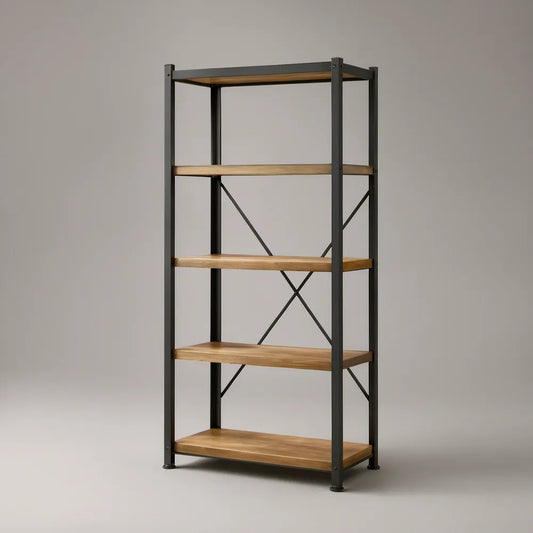 5-Tier Industrial Bookcase with X-Back Steel Frame, Brown MDF Shelves and Black Frame, 31.5 x 15.7 x 70.9 in