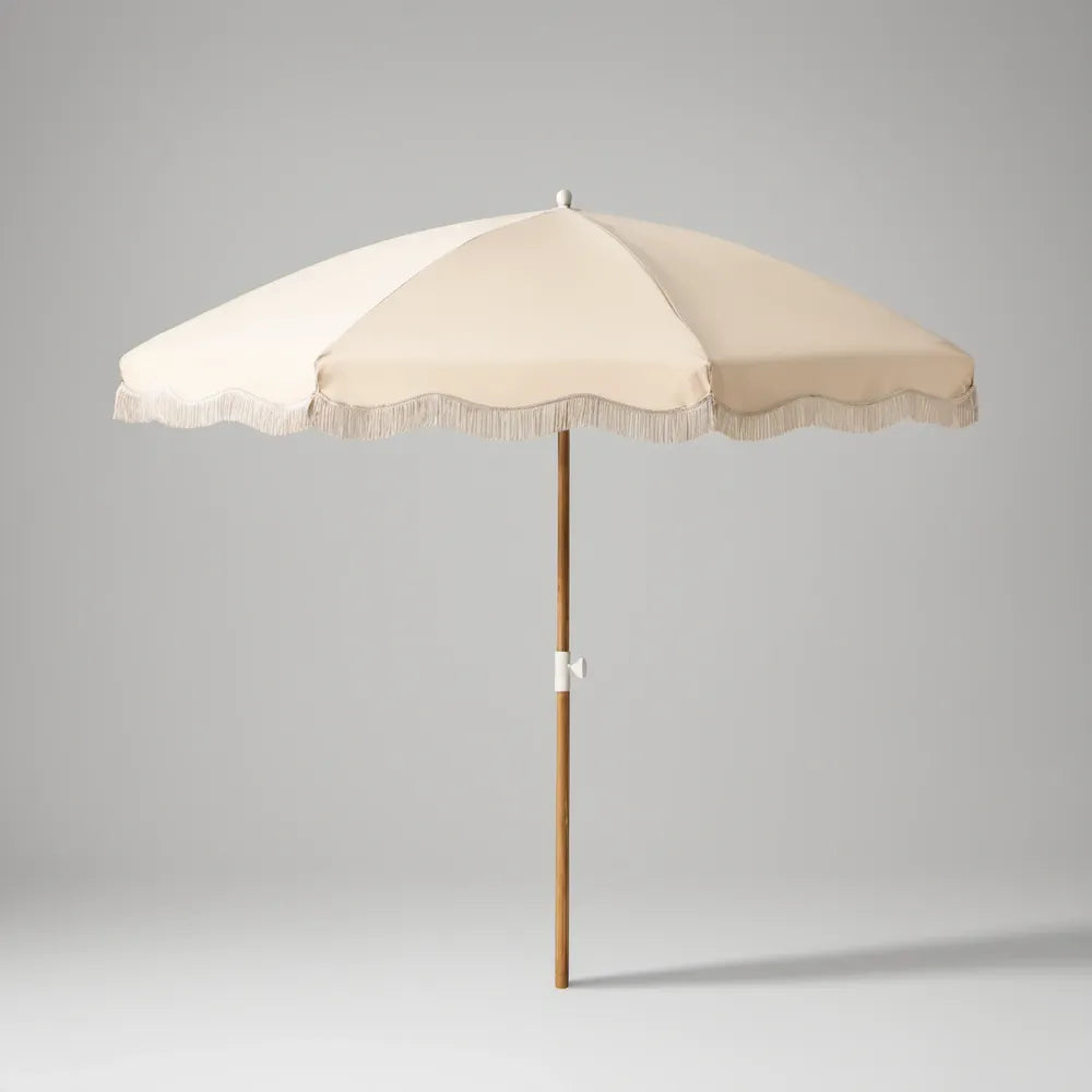 9 ft Round Patio Umbrella with Cream Fringe Polyester Canopy and Natural Brown Wood Pole