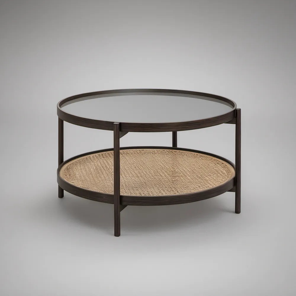 31.5 in Round Two-Tier Coffee Table with Tempered Glass Top, Rattan Shelf, Dark Brown and Natural Beige