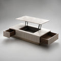 White and Beige Lift-Top Table with Sintered Stone Surface, Side Drawers and Hidden Storage, 47.2 x 23.6 x 17.7 in