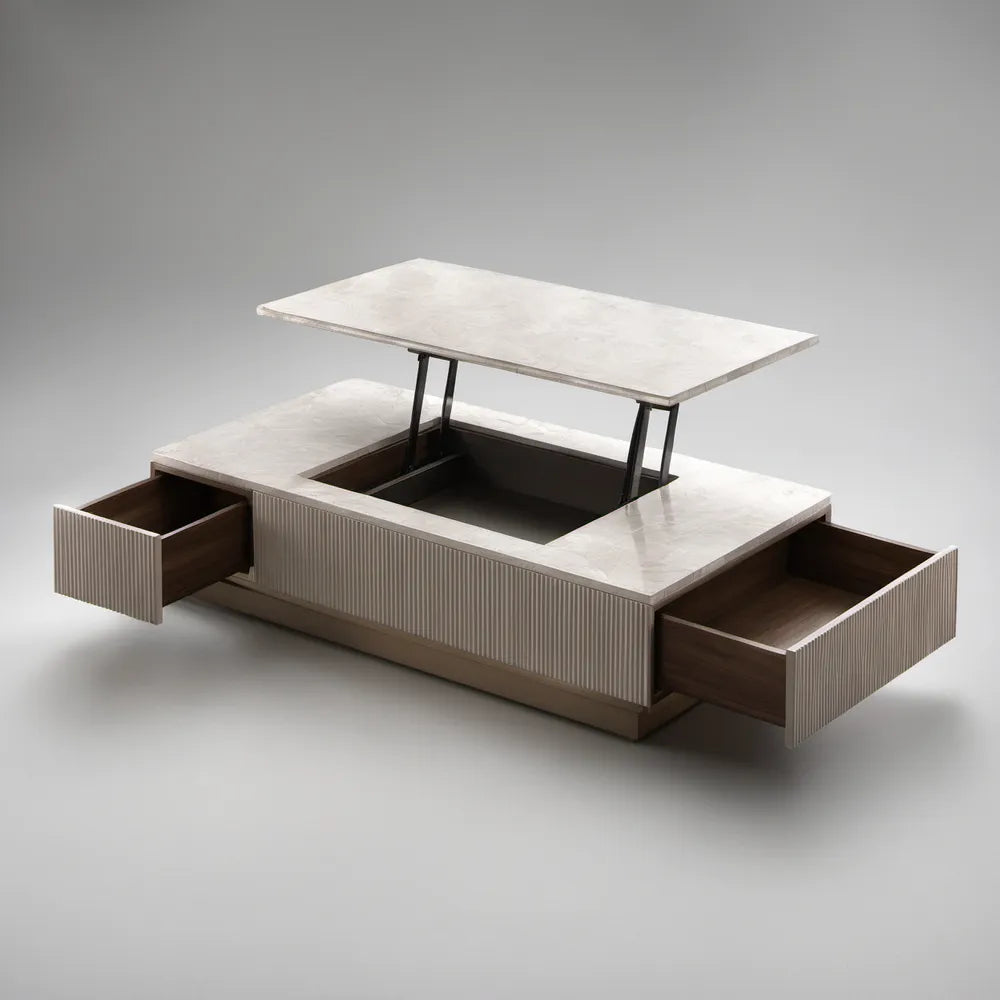 White and Beige Lift-Top Table with Sintered Stone Surface, Side Drawers and Hidden Storage, 47.2 x 23.6 x 17.7 in