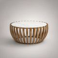 Round Coffee Table, 35.4 in. Diameter x 16.5 in. High, White and Gray Marble Top with Natural Brown Rubberwood Base