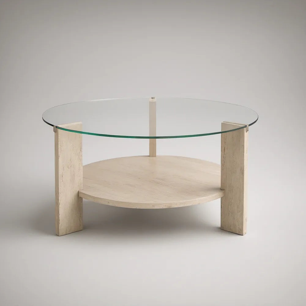 Round Clear Tempered Glass Coffee Table with Beige Travertine Shelf, 36 in. Diameter x 18 in. High