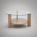 Round Coffee Table, 31.5 in. Diameter x 17.7 in. High, Clear Tempered Glass and Light Oak Engineered Wood