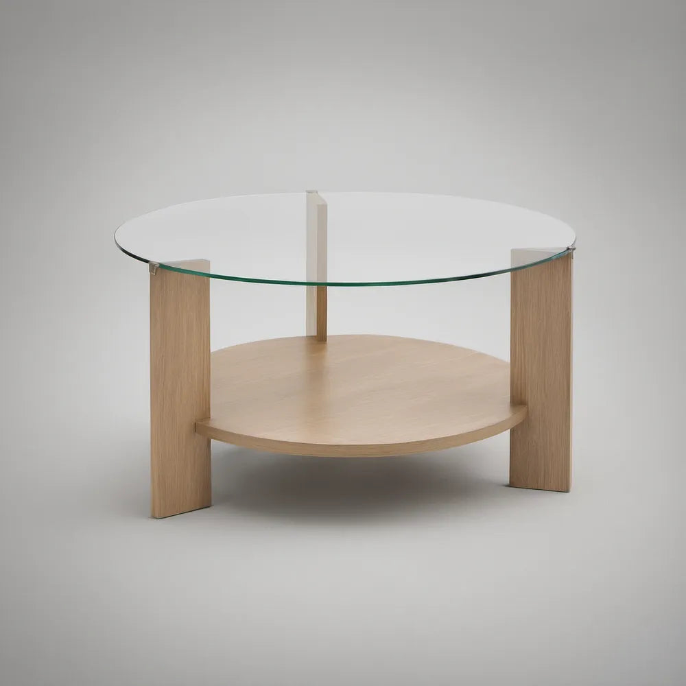 Round Coffee Table, 31.5 in. Diameter x 17.7 in. High, Clear Tempered Glass and Light Oak Engineered Wood