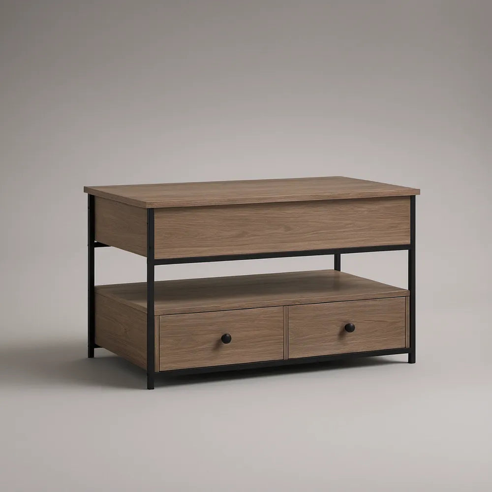 Industrial Walnut Brown Coffee Table with 2 Drawers, Open Shelf and Black Steel Frame, 35.4 x 19.7 x 23.6 in
