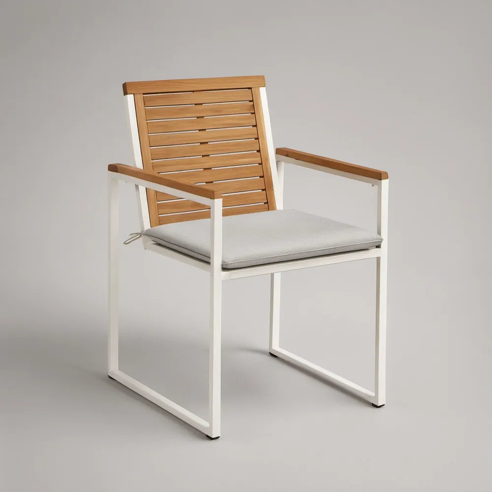 Outdoor Patio Armchair with Light Gray Cushion, White Aluminum Frame and Natural Acacia Wood, 25.6 x 29.1 x 34.6 in