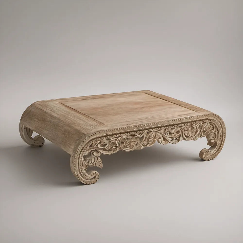 Light Brown Carved Mango Wood Table, 48 x 30 x 18 in