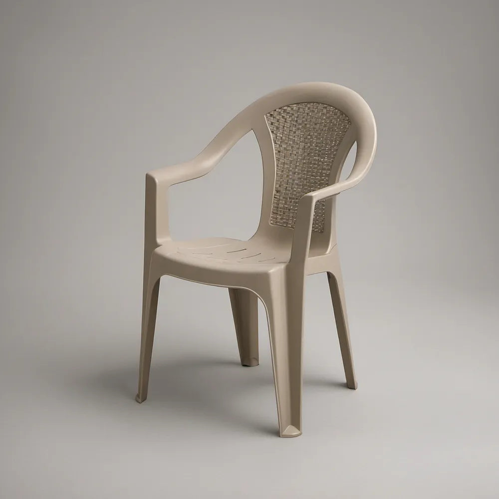 Beige Outdoor Plastic Armchair with Woven-Look Backrest, 58 x 55 x 82 cm